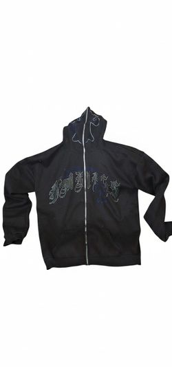 Y2K Black Rhinestone Graphic Full-Zip Hoodie – Size XL