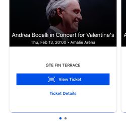 2 Tix to Andrea Bocelli’s Valentines Concert at Amalie!