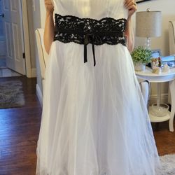 NWT Tea Length JJs House White Wedding Dress Black Accent Waist Detail Size 14