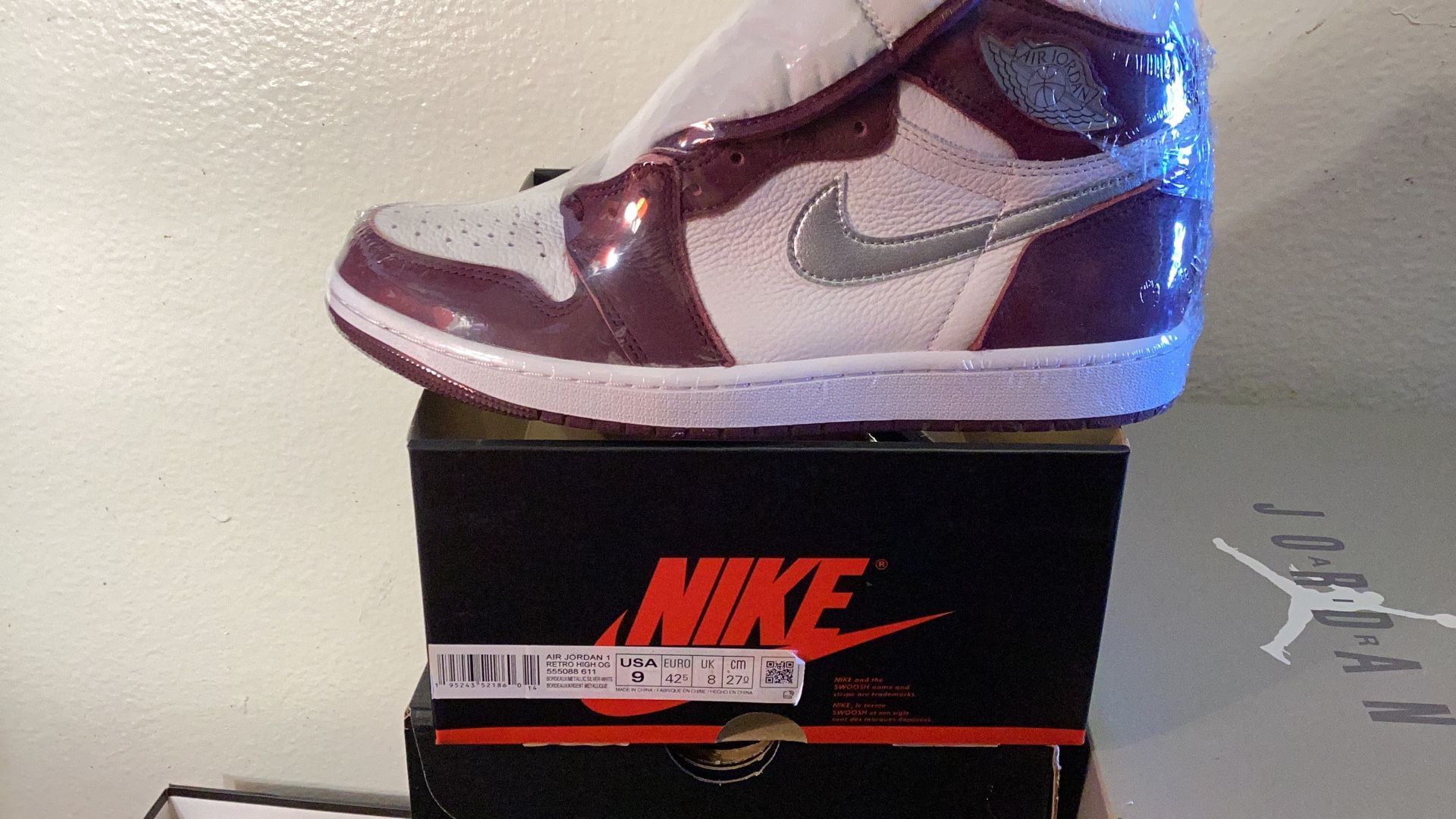 Air Jordan 1 Retro High OG Bordeaux Metallic silver Men Size 9