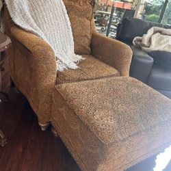 High Back Brown And Black Fabric Chair With Ottoman
