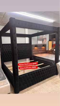 Black Velvet Tufted Four-Poster Canopy Bed Frame
