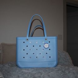 Bogg Bag Tote Light Blue with Bogs Bevy Cup and BRRR Cooler Insert. 15x13x5.25