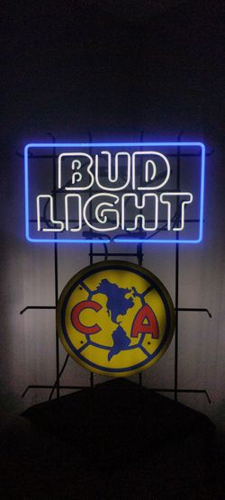BUD LIGHT ( CLUB AMERICA ) NEON SIGN .DODGERS & ANGELS BOBBLEHEADS AVAILABLE. TAP HANDLES AVAILABLE FOR SALE.