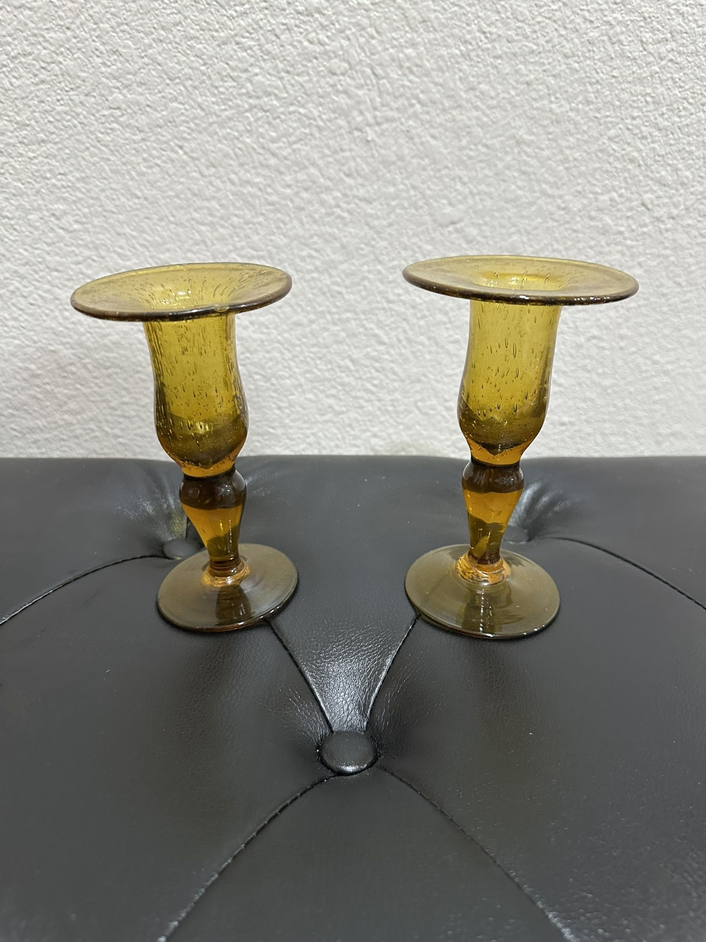 Amber Glass Candlestick Holders Set of 2 - Vintage Decor