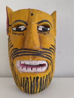 Hand Carved Yellow Mexican Wooden Mask