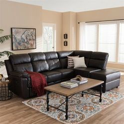 Brand New Brown Leather Reclining Sectional With Storage Compartments Built In Cup Holders & A Drop Down Table