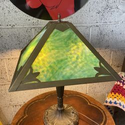  Antique Lamp Base By Royal Art Glass Company With Mission Style Slag Glass Shade
