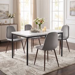 Homy Casa CAJON 150+CHARLTON 5PC Dining Set 59" White Marble Dining Table with 4 Charlton Gray Fabric Dining Chairs Open Box