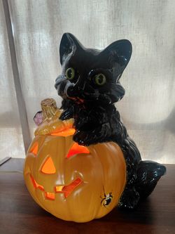 Vintage Ceramic Halloween Black Cat Accent Lamp