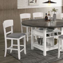 7 Piece Counter Height Dining Set White & Grey 4 Sided Drop Leaf Open Shelves Wine Rack Lazy Susan Padded Chairs Firm Price $1,060 Financing Available