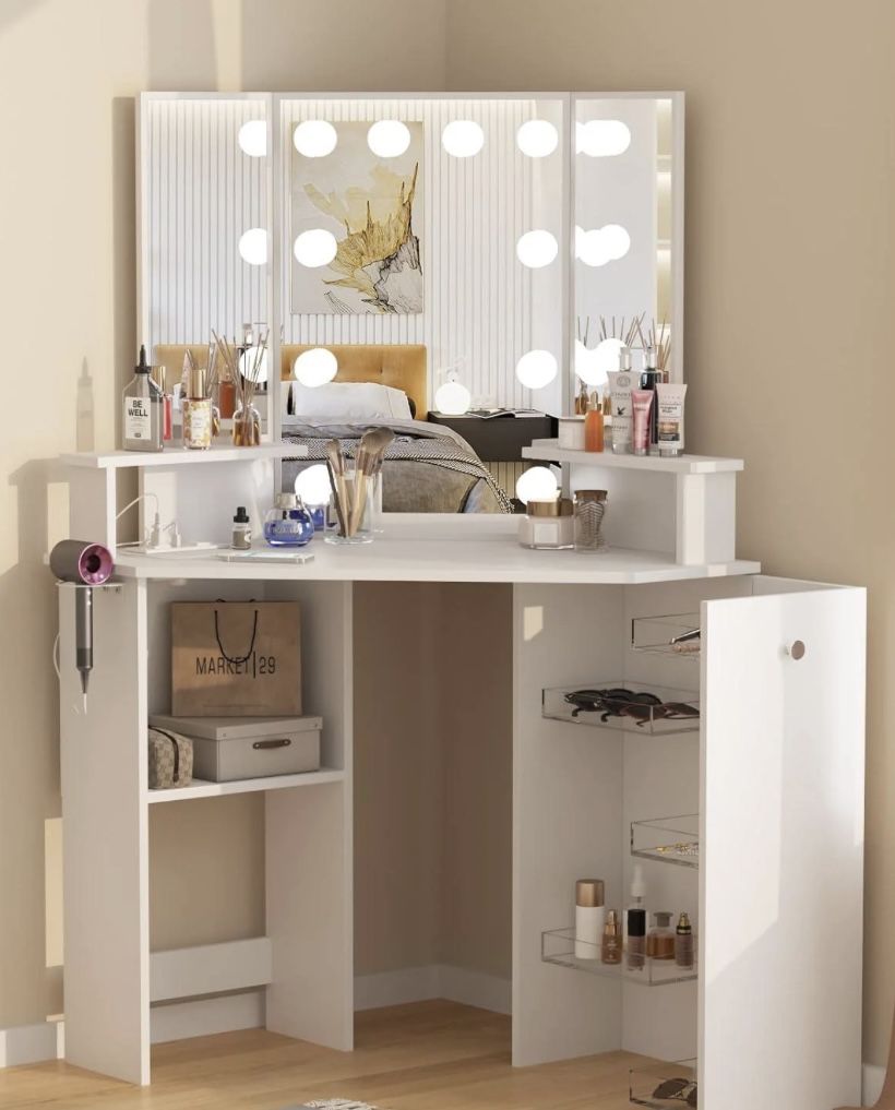 Corner Makeup Vanity With Power Outlets And Storage Shelves