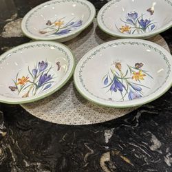 Studio Nova Garden Bloom Blue Flowers Butterflies Green Rim White Bowl Set Of  4