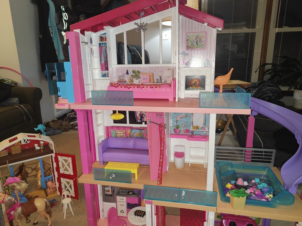 BARBIE DREAM HOUSE, CAMPER, RV, BARN DOLLS AND CLOTHES