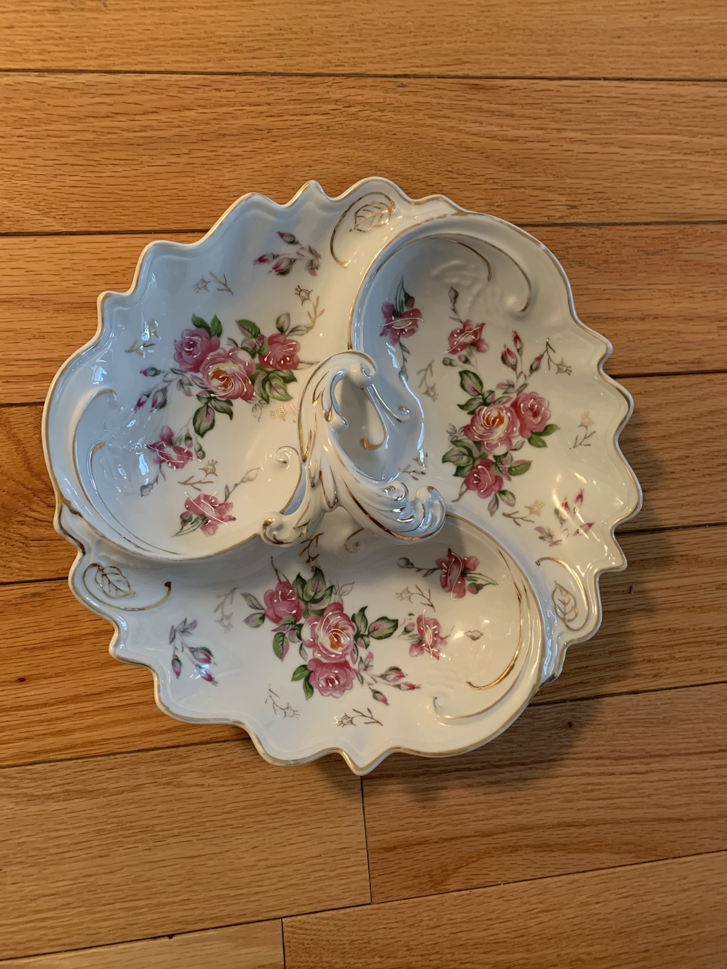 Vintage Kalk Porcelain Candy Dish German Germany White Pink Flowers Floral Gold