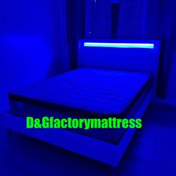 Queen Bed Platform Bed W/ Charging Station & Built-In LED Lights/mattress Included. 💢 Cama Queen Size Con Luz Led  / Colchon Incluido / Color Blanca