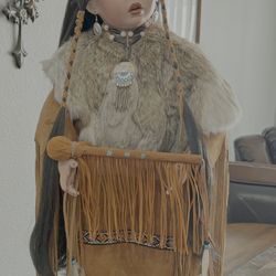 Vintage Native American Porcelain Doll Leather Clothing 