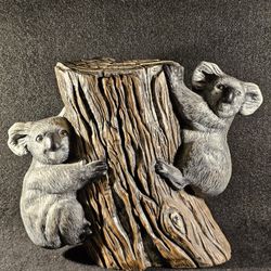 Unique Vintage Hand Painted Figurine Of Two Young Koala's On A Stump Rare!