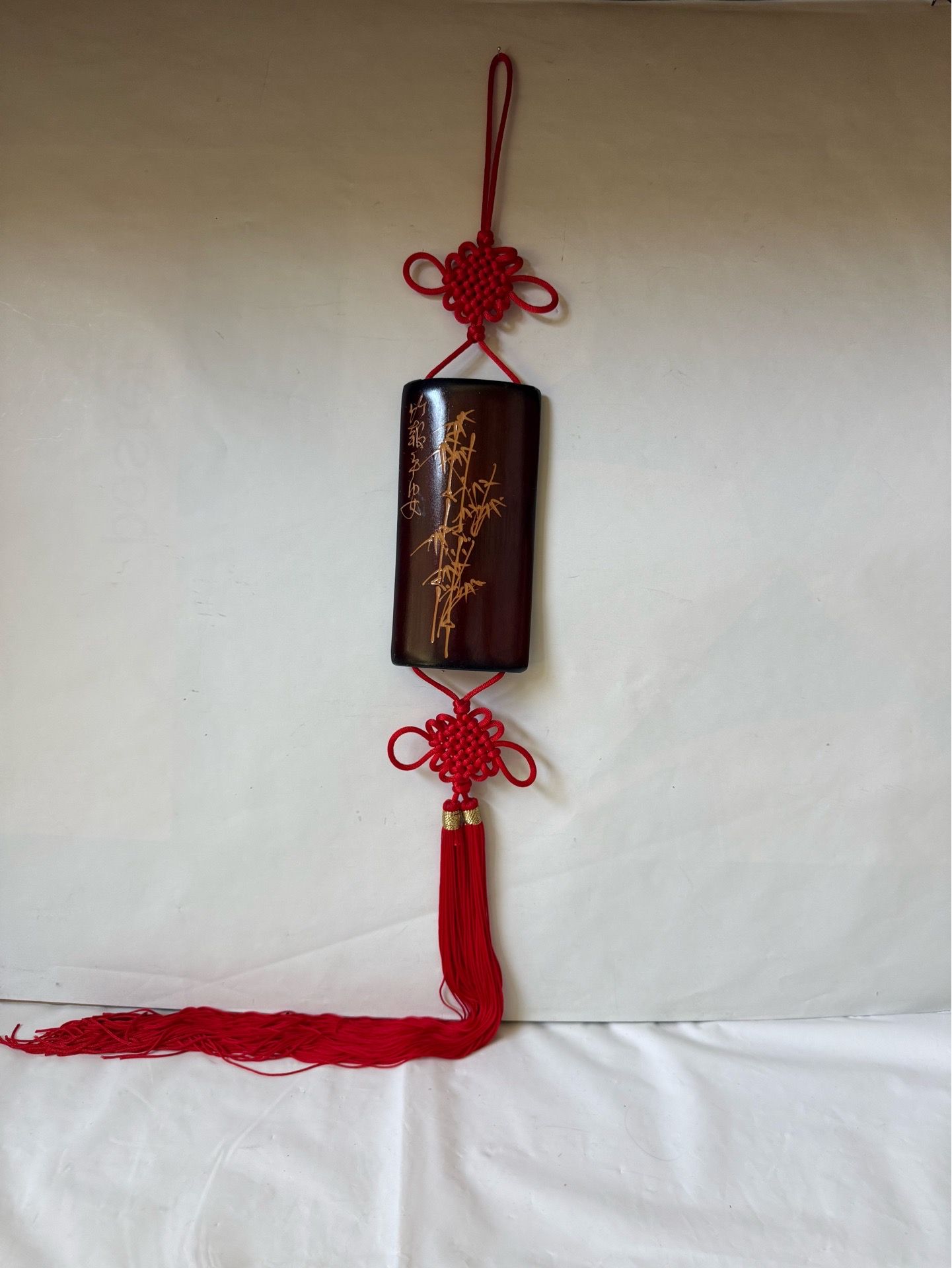 Vintage Chinese Hand Carved Bamboo Good Luck Charm Wall Hanging With Red Satin Tassel