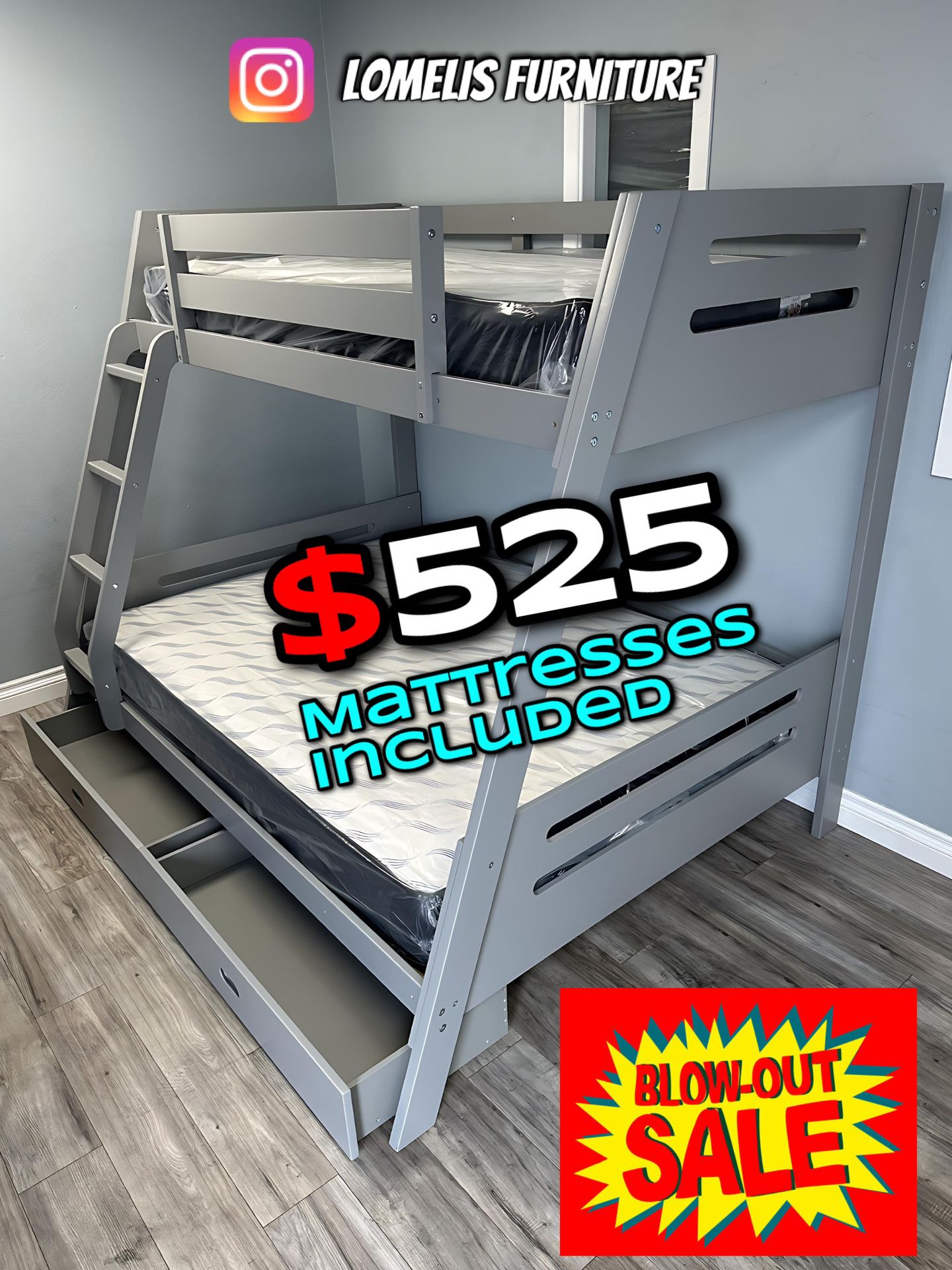 Twin/Full Gray Bunk bed w. Drawers & Ortho Mattresses Included 