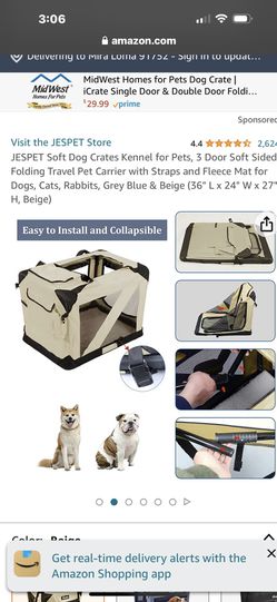 JESPET 27'' Soft Dog Crates Kennel for Pets, 3 Door Soft Sided Folding  Travel Pet Carrier with Straps and Fleece Mat for Dogs, Cats, Rabbits, Grey