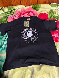 Chrome Hearts x BAPE black t-shirt with white graphic of a face with the words 'CHROME HEARTS' #collaboration