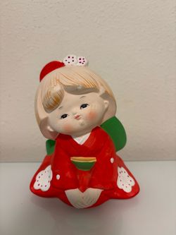 Vintage Ceramic Girl Figurine in Red Kimono