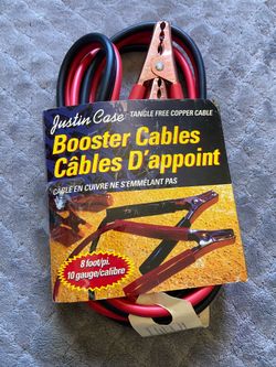 Justin Case branded booster cables, designed to be tangle-free.The cables feature copper conductors and red and black heavy-duty clamps.This specific 