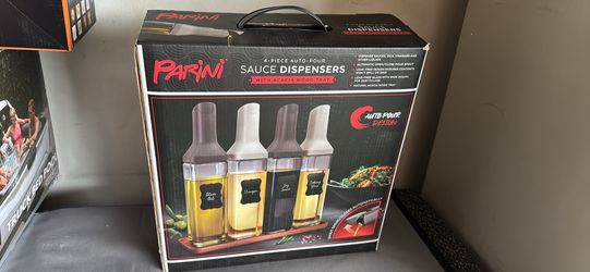 4 piece auto pour sauce dispensers with wood tray