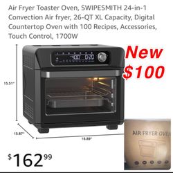 New Air Fryer Toaster Oven, 24-in-1 Convection Air fryer, 26-QT XL Capacity, Digital Countertop Oven with 100 Recipes, Accessories, $100