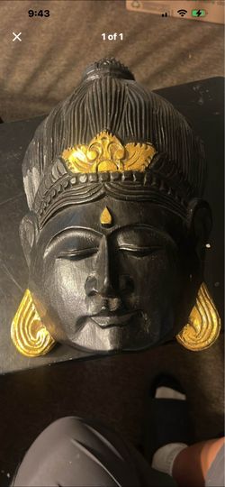 Hand Carved Sculptures / Buddha Face - black painted wood / gold leaf