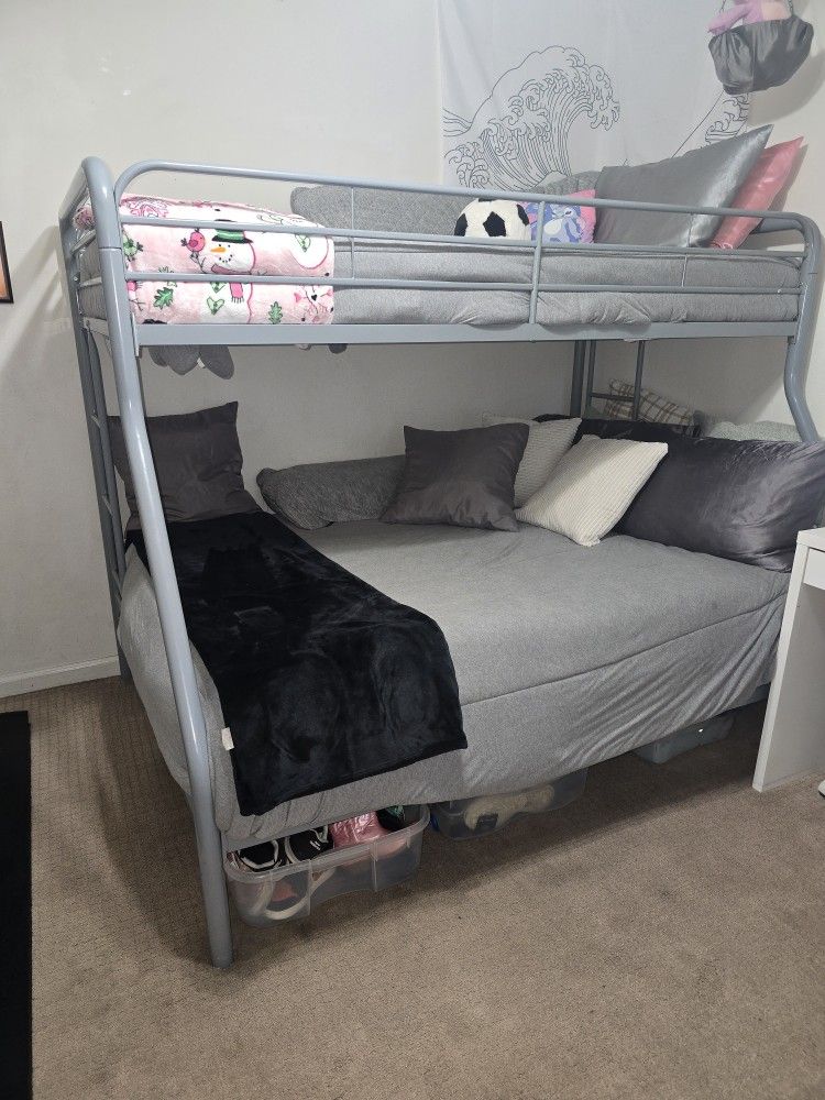 Twin Over Full Gray Metal Bunk Bed With Mattresses & Foam Toppers