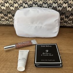 TRISH MCEVOY COSMETIC MAKEUP BAG WITH EAU DE PARFUM LIP GLOSS CREAM SAMPLES