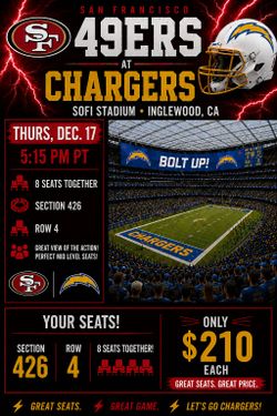 8 Seats Together 49ers vs Chargers Tickets