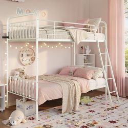 Convertible Twin Over Twin Bunk Bed, CPC Certified,White Victorian Iron-Art Headboard and Footboard,Space-Saving Metal Bunk Bed with Guardrail & Ladde