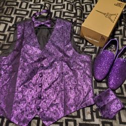 Men's Purple Vest And Bow tie And Dress Shoes 
