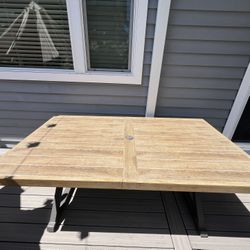 Outdoor Table/ Patio Table Rectangular Metal Outdoor Dining Table with Farmhouse Trestle Base and Tile Tabletop 