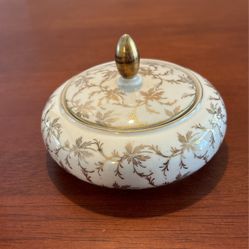Kerafina Porzellan Bavaria Germany Cream & Gold Rimmed Porcelain Pot Vintage Sugar, Bowl, Trinket Box 5 Inches. L14