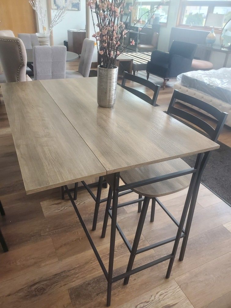 High Top 3 Piece Drop Leaf Counter Table Dining Set with Storage, Grey Wash(New In A Box)