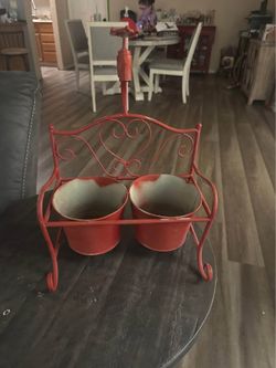 Vintage Red Metal Double Planter Caddy - Heart Scroll & Faucet Top (6" Pots)