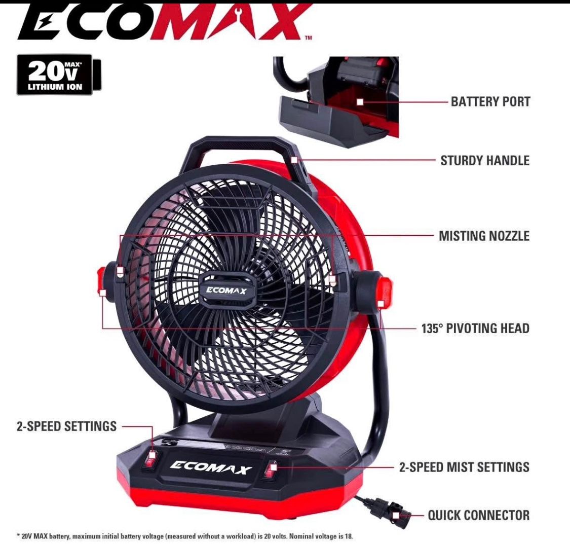 ECOMAX 12" AC/DC 2-SPEED MISTING FAN FOR BUCKET AND GARDEN HOSE