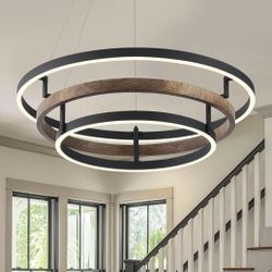 New In Box! Benkut Modern LED Black/Wood Dimmable 3 Ring Pendant Light $60 (#1036)