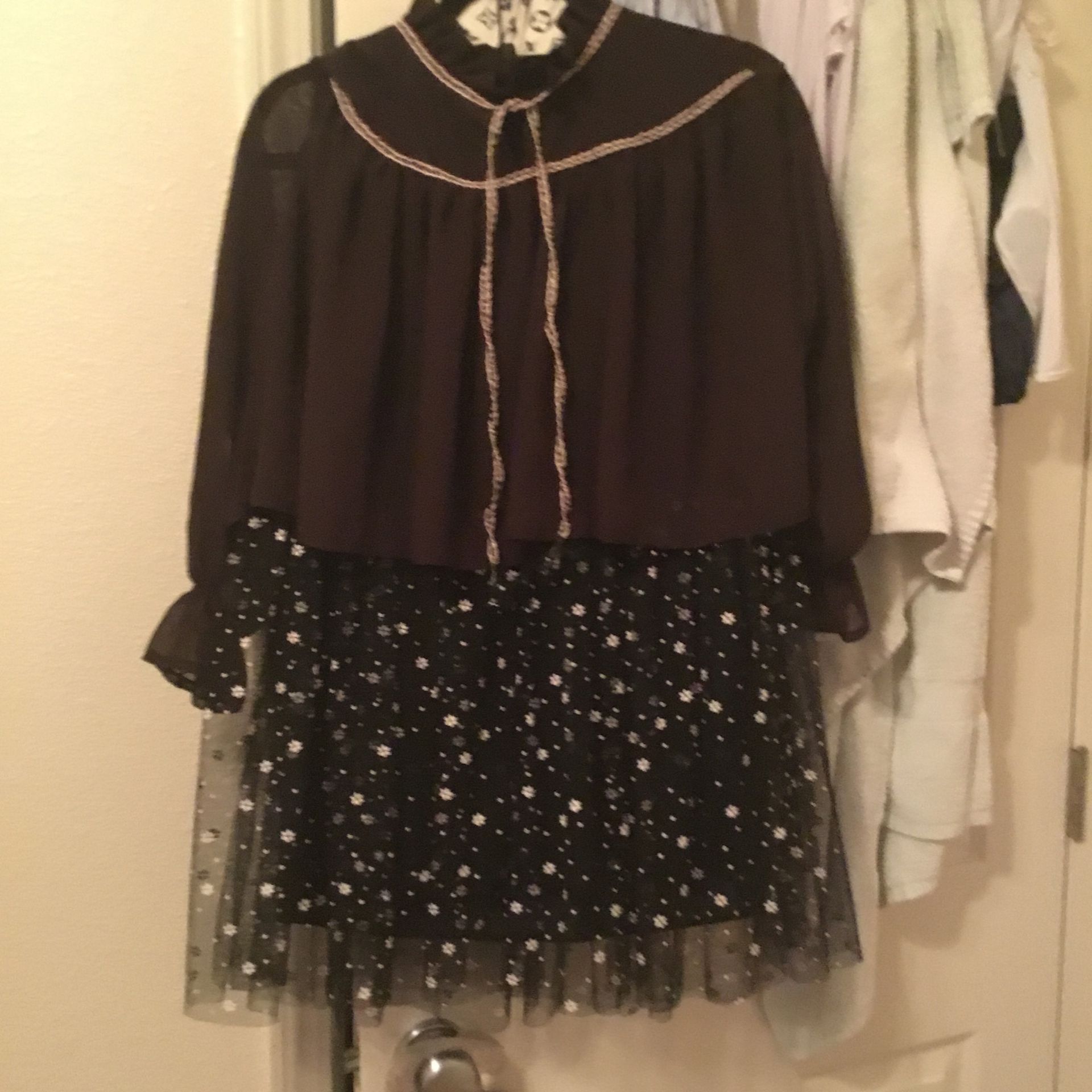 Dark Brown Top Attached With Black Skirt With Flowers Pink Lace