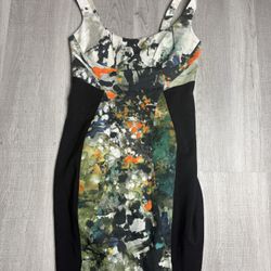 Black Halo Bodycon Abstract Dress Sz 6 Black Sides Multicolor- adjustable straps