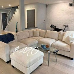 Gorgeous 4-pc Sectional Sofa With Ottoman Ivory Corduroy - New