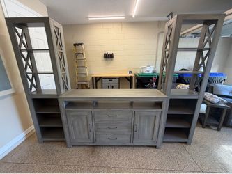 Farmhouse Gray Tall TV Console and Matching Open Bookcases