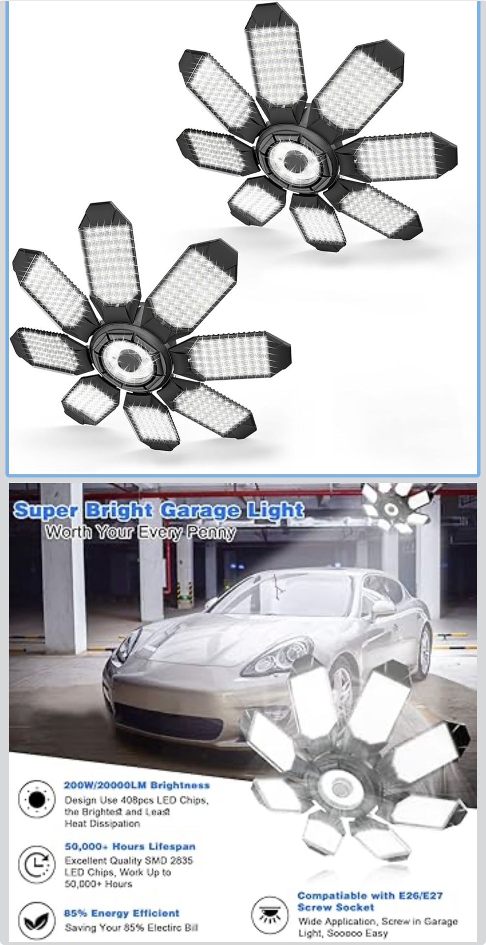 Garage Lights - 40000LM Super Bright Garage Lights Ceiling Led w/ 8 Deformable Panels Compatible for E26/E27 Screw in Socket Garage Lighting Bulb for