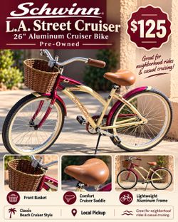 Schwinn L.A. Street Cruiser 26” Aluminum Cruiser Bike – Basket – Red/Tan
