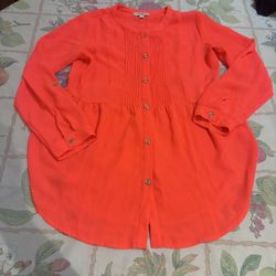 GB Girls Size Large Neon Orange Chiffon Pleated Tunic Top W/Roll Tab Sleeves 