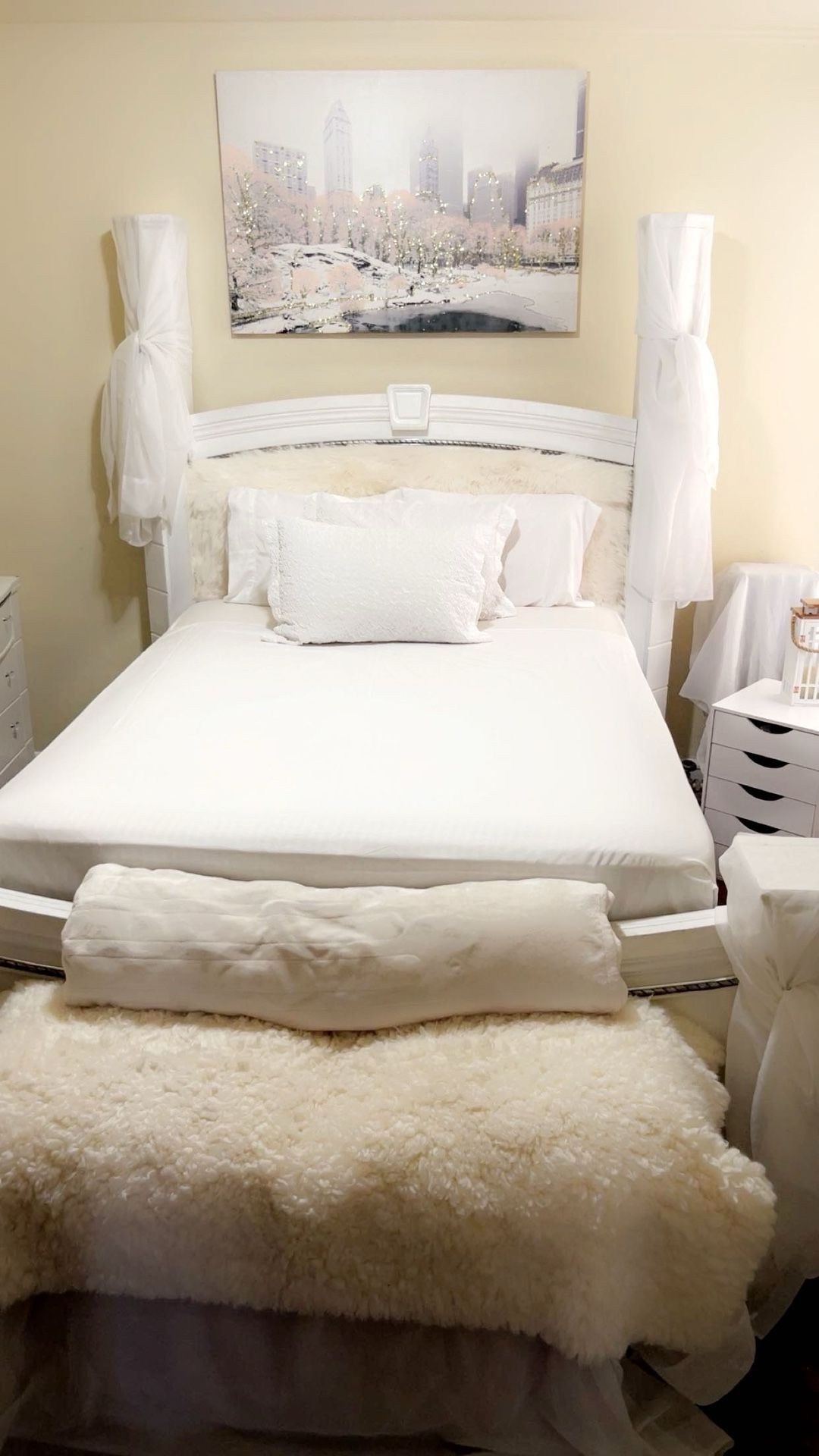 Queen size White Bed Frame With White Fur Headboard